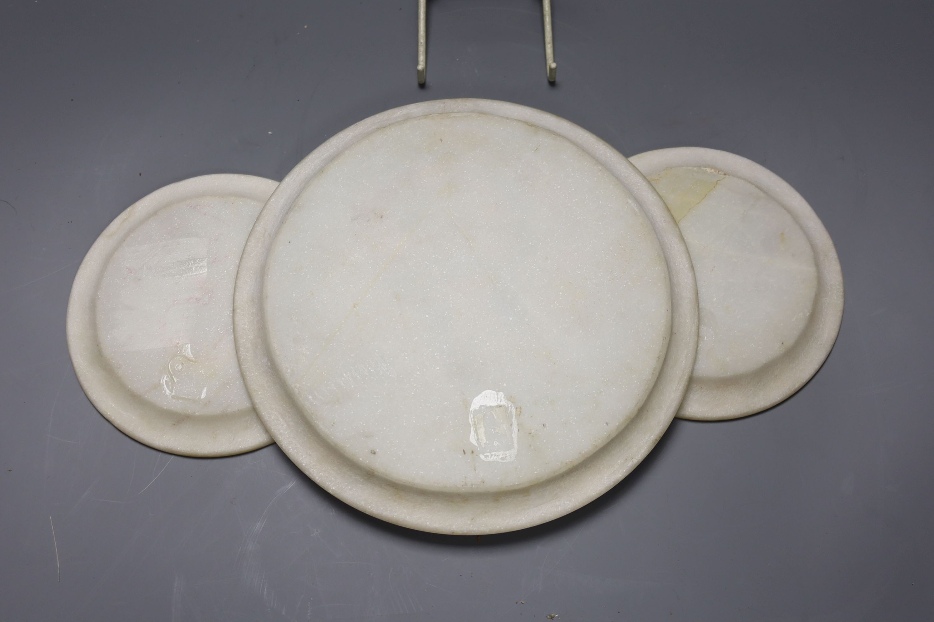 An Indian alabaster plate painted with figures and 2 others 22cm